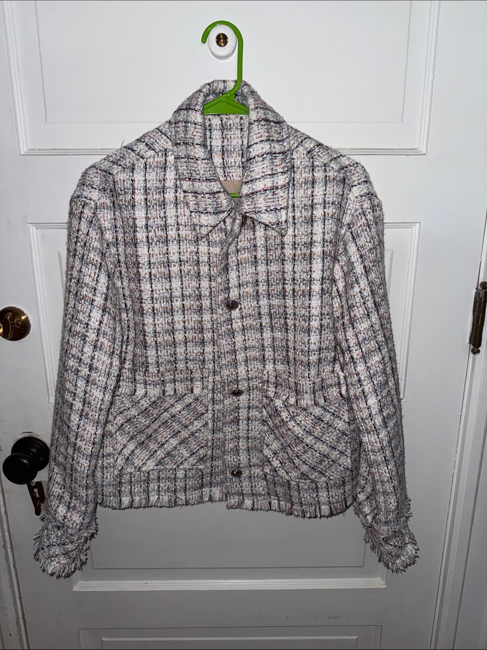 Elie Tahari Cream and Gray Plaid Tweed Blazer